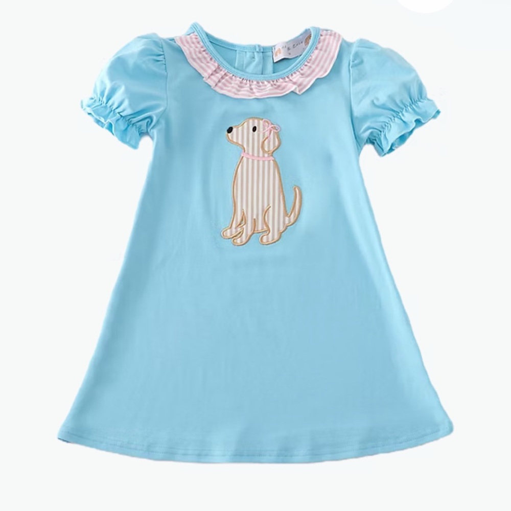 Blue Dog Print Kids Casual Dress